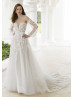 Beaded Ivory Floral Lace Tulle Wedding Dress With Detachable Sleeves